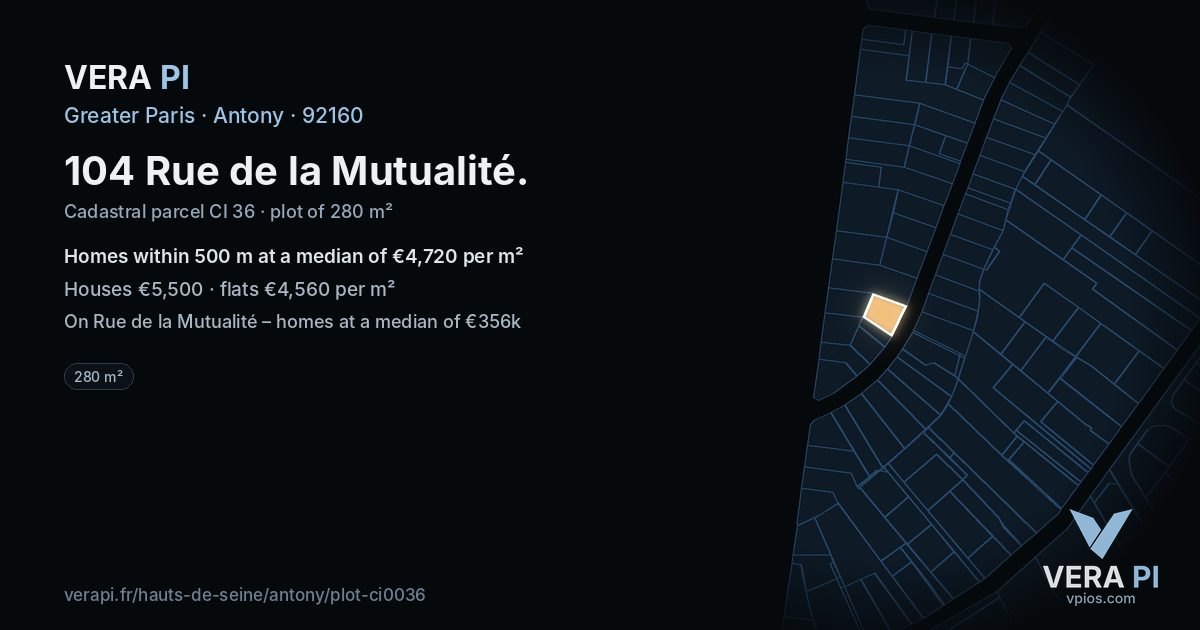 104 Rue de la Mutualité, Antony at night – the plot lit, the parcels around coloured by the prices near them