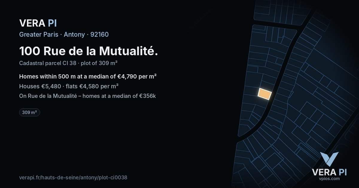 100 Rue de la Mutualité, Antony at night – the plot lit, the parcels around coloured by the prices near them