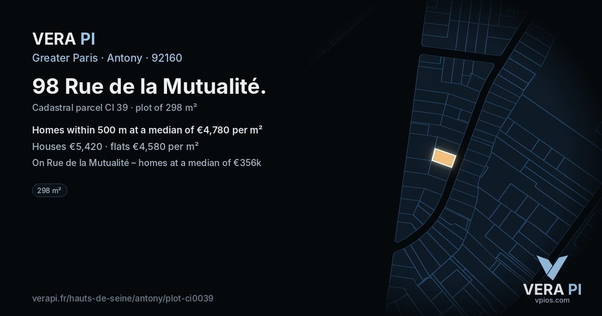 98 Rue de la Mutualité, Antony at night – the plot lit, the parcels around coloured by the prices near them