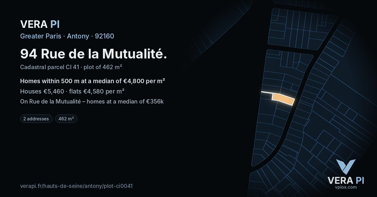 94 Rue de la Mutualité, Antony at night – the plot lit, the parcels around coloured by the prices near them
