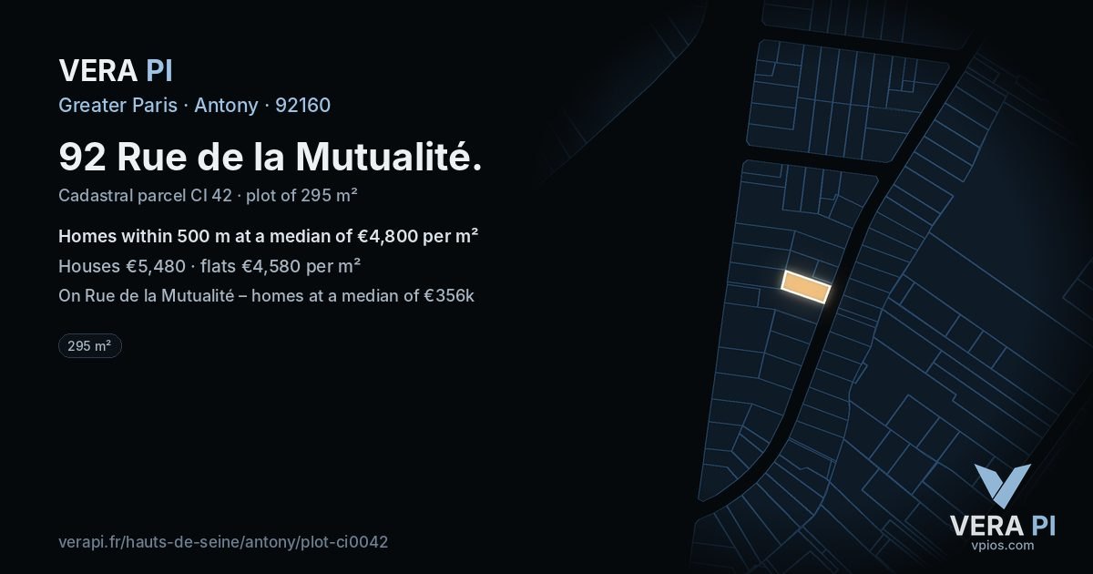 92 Rue de la Mutualité, Antony at night – the plot lit, the parcels around coloured by the prices near them