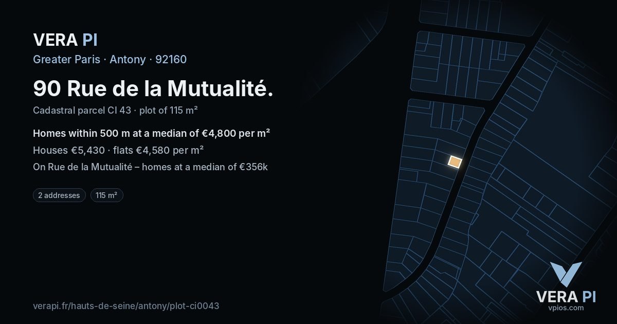 90 Rue de la Mutualité, Antony at night – the plot lit, the parcels around coloured by the prices near them