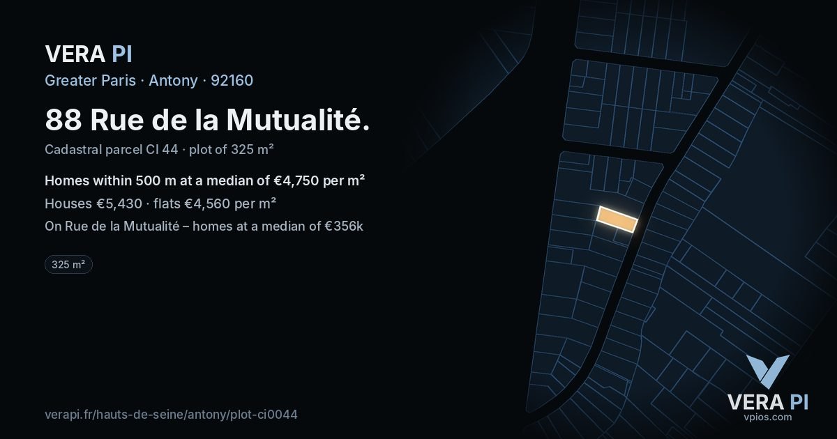88 Rue de la Mutualité, Antony at night – the plot lit, the parcels around coloured by the prices near them