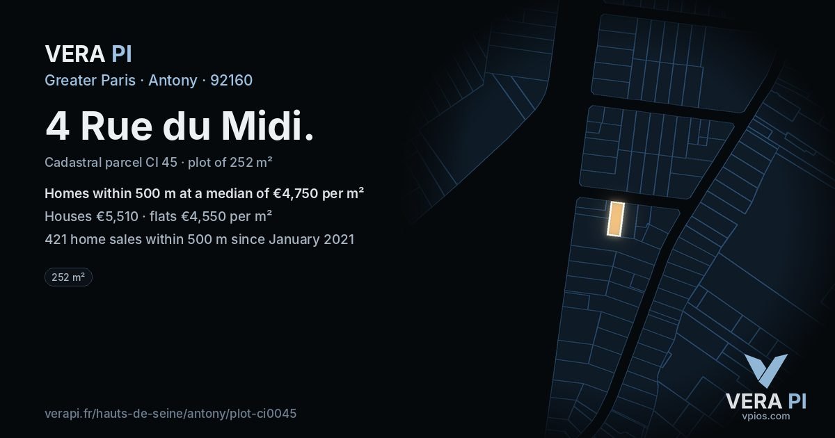 4 Rue du Midi, Antony at night – the plot lit, the parcels around coloured by the prices near them