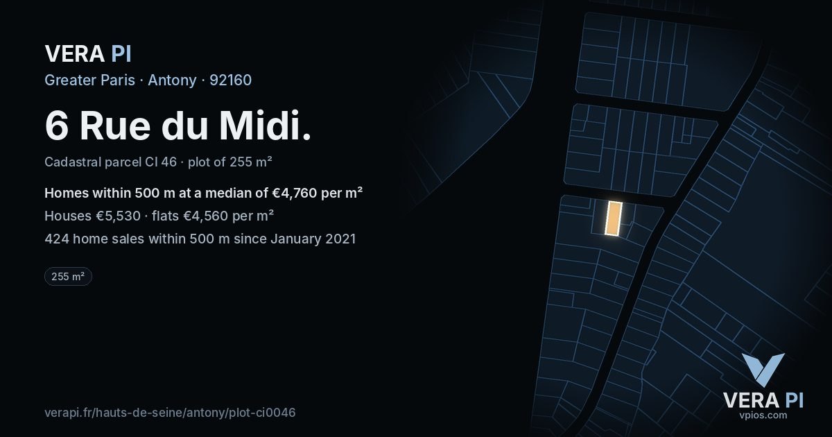 6 Rue du Midi, Antony at night – the plot lit, the parcels around coloured by the prices near them