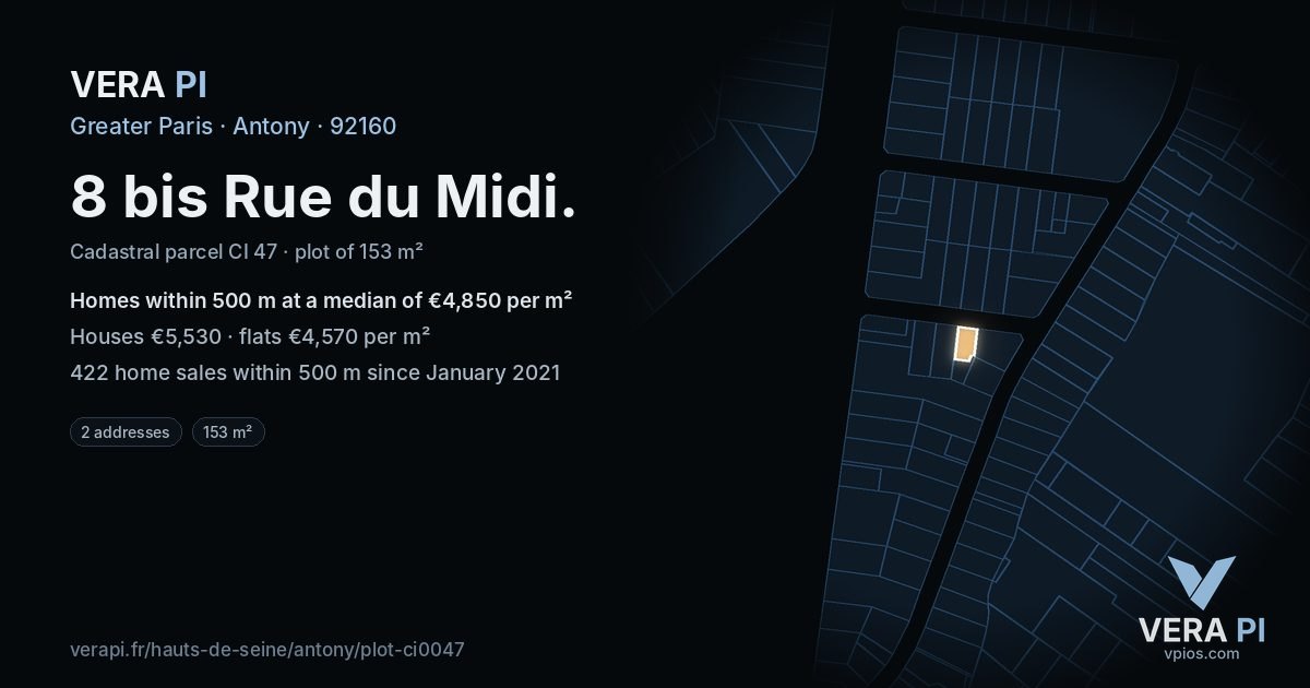 8 bis Rue du Midi, Antony at night – the plot lit, the parcels around coloured by the prices near them