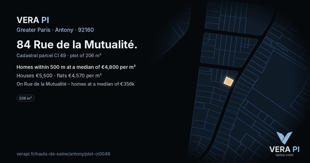 84 Rue de la Mutualité, Antony at night – the plot lit, the parcels around coloured by the prices near them