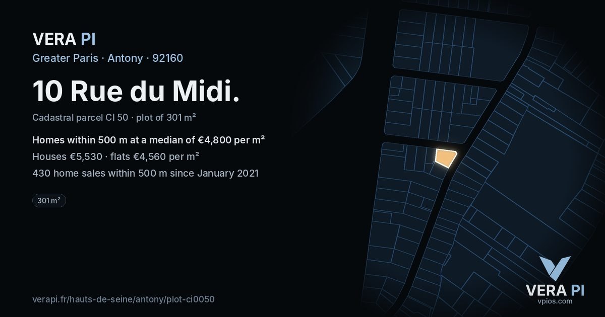10 Rue du Midi, Antony at night – the plot lit, the parcels around coloured by the prices near them