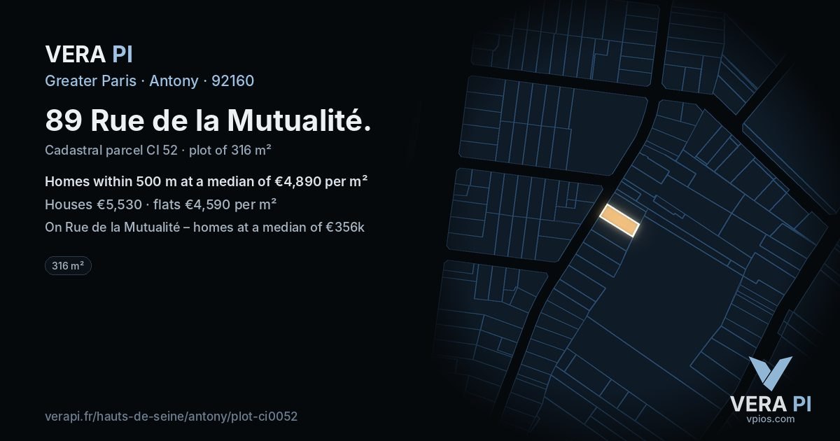 89 Rue de la Mutualité, Antony at night – the plot lit, the parcels around coloured by the prices near them