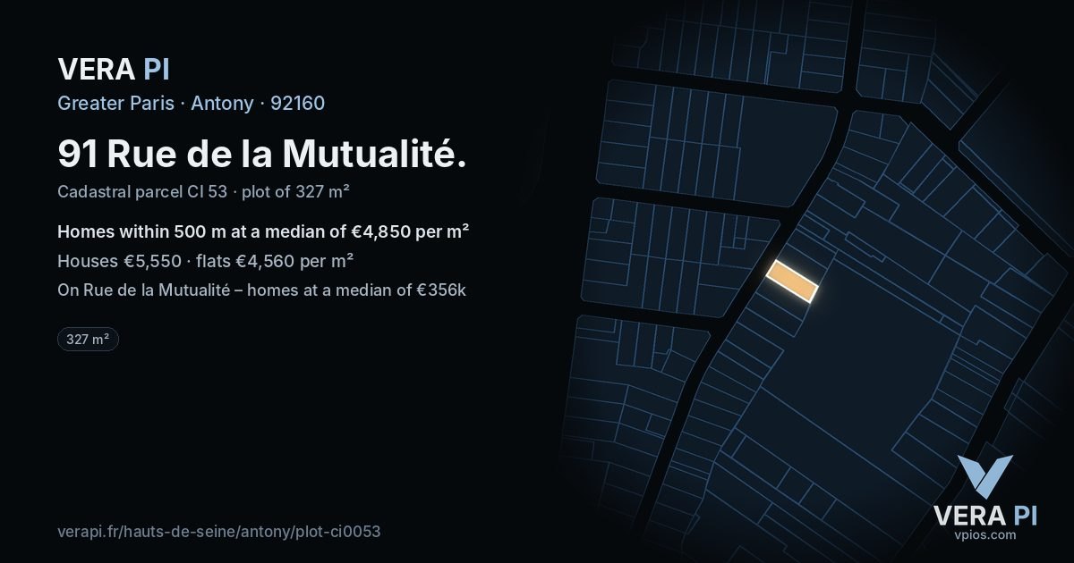 91 Rue de la Mutualité, Antony at night – the plot lit, the parcels around coloured by the prices near them