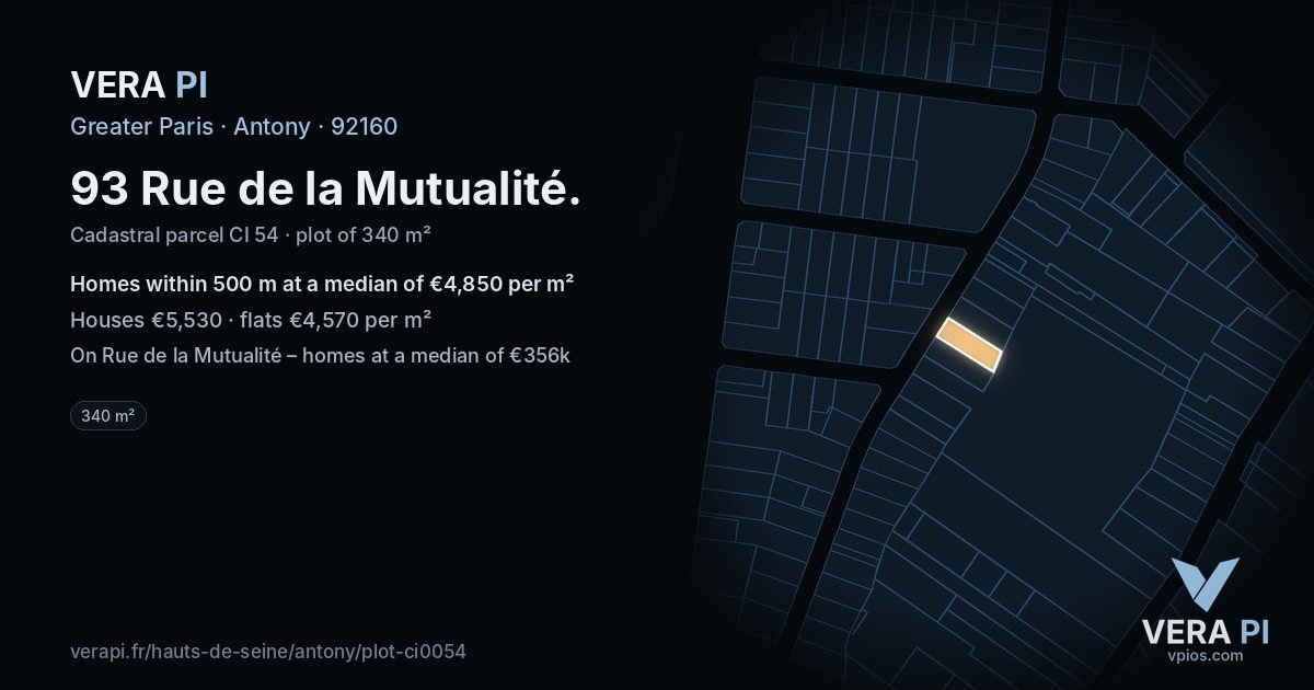 93 Rue de la Mutualité, Antony at night – the plot lit, the parcels around coloured by the prices near them