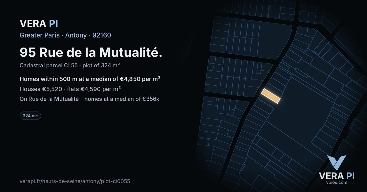 95 Rue de la Mutualité, Antony at night – the plot lit, the parcels around coloured by the prices near them