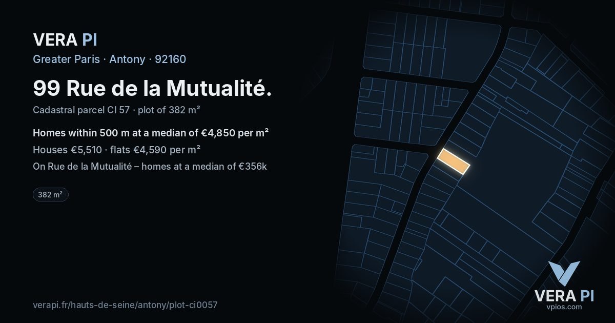 99 Rue de la Mutualité, Antony at night – the plot lit, the parcels around coloured by the prices near them