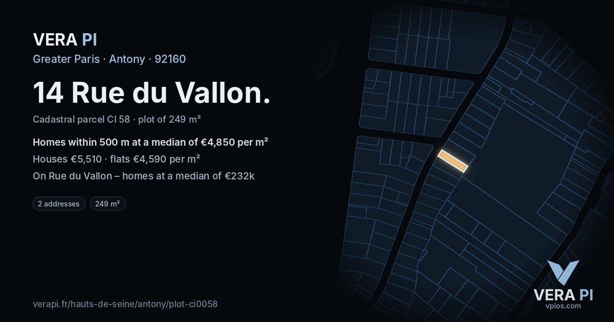 14 Rue du Vallon, Antony at night – the plot lit, the parcels around coloured by the prices near them