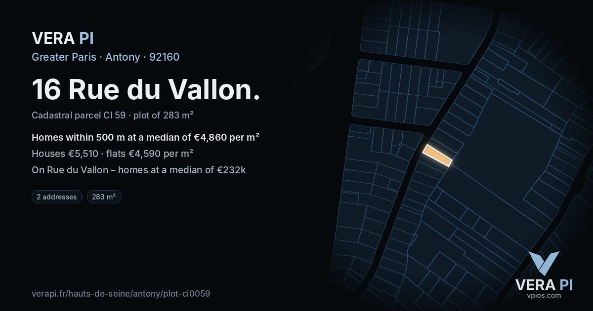 16 Rue du Vallon, Antony at night – the plot lit, the parcels around coloured by the prices near them