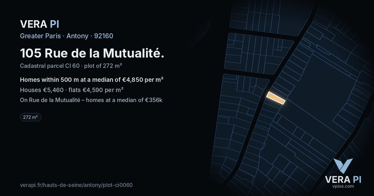 105 Rue de la Mutualité, Antony at night – the plot lit, the parcels around coloured by the prices near them
