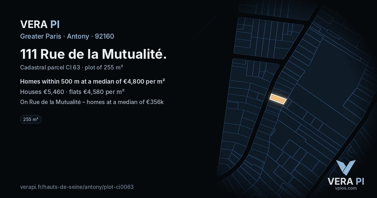 111 Rue de la Mutualité, Antony at night – the plot lit, the parcels around coloured by the prices near them