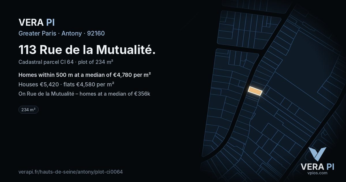 113 Rue de la Mutualité, Antony at night – the plot lit, the parcels around coloured by the prices near them