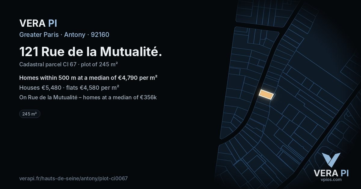 121 Rue de la Mutualité, Antony at night – the plot lit, the parcels around coloured by the prices near them
