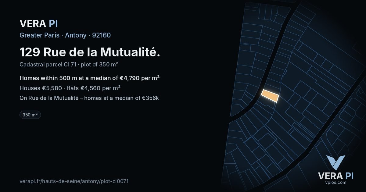 129 Rue de la Mutualité, Antony at night – the plot lit, the parcels around coloured by the prices near them