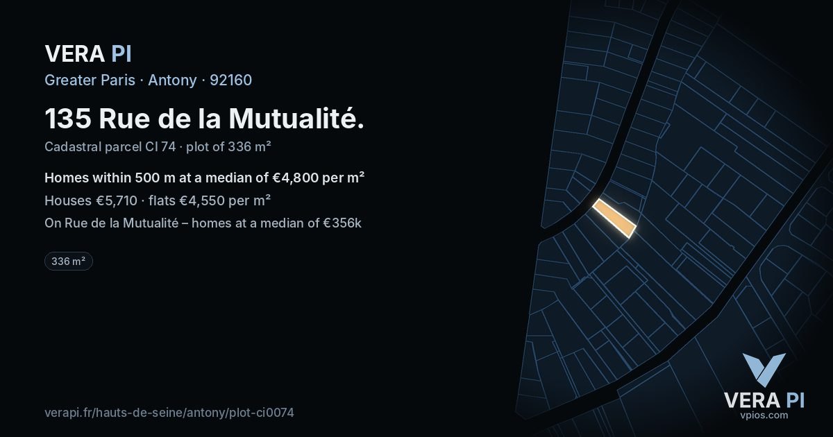 135 Rue de la Mutualité, Antony at night – the plot lit, the parcels around coloured by the prices near them