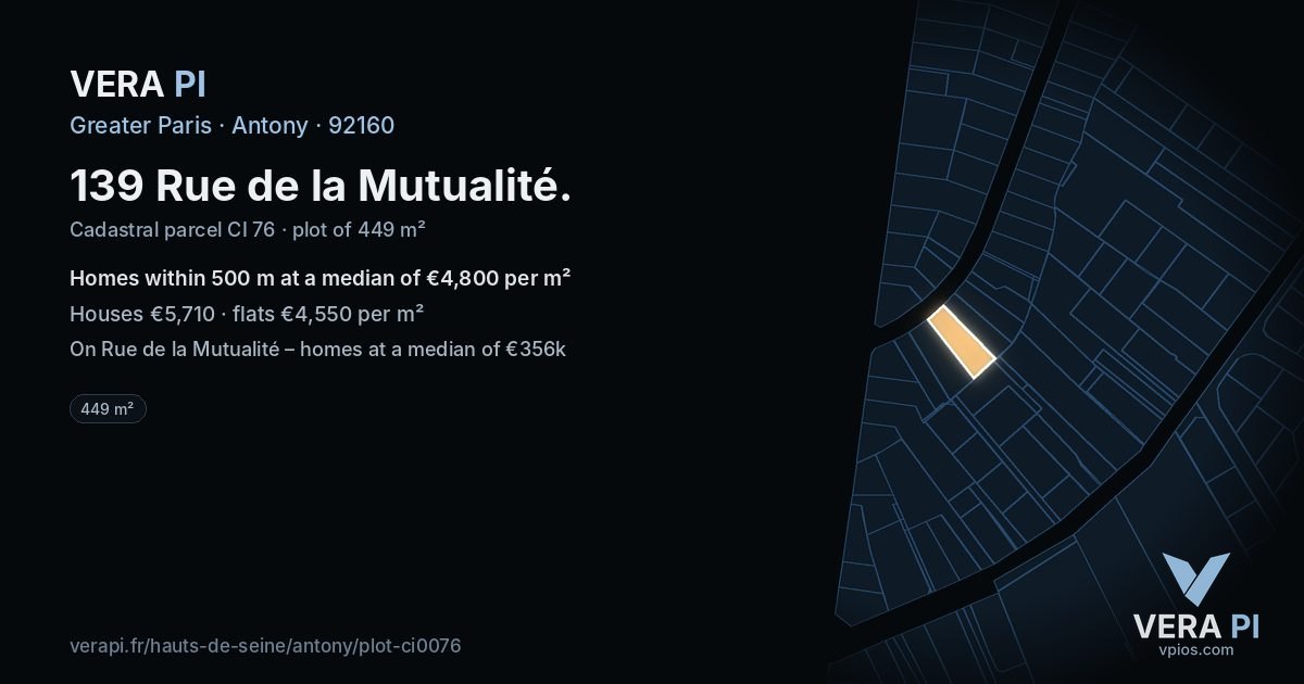 139 Rue de la Mutualité, Antony at night – the plot lit, the parcels around coloured by the prices near them