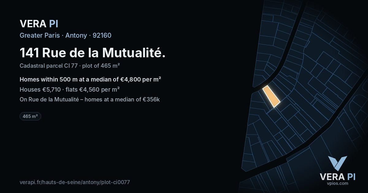 141 Rue de la Mutualité, Antony at night – the plot lit, the parcels around coloured by the prices near them