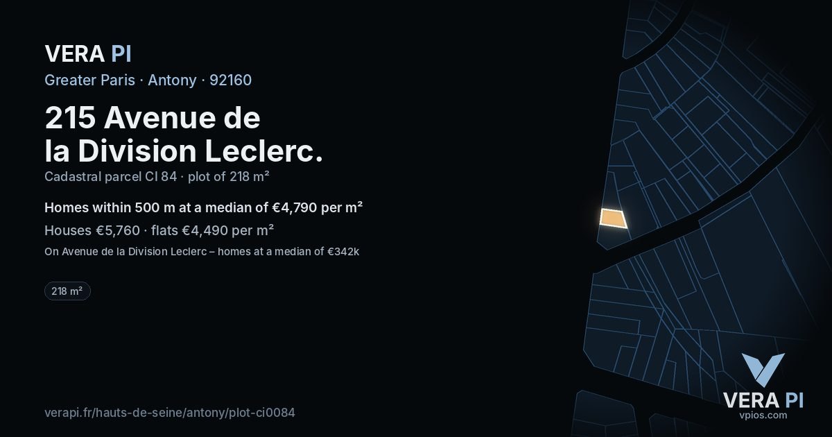 215 Avenue de la Division Leclerc, Antony at night – the plot lit, the parcels around coloured by the prices near them