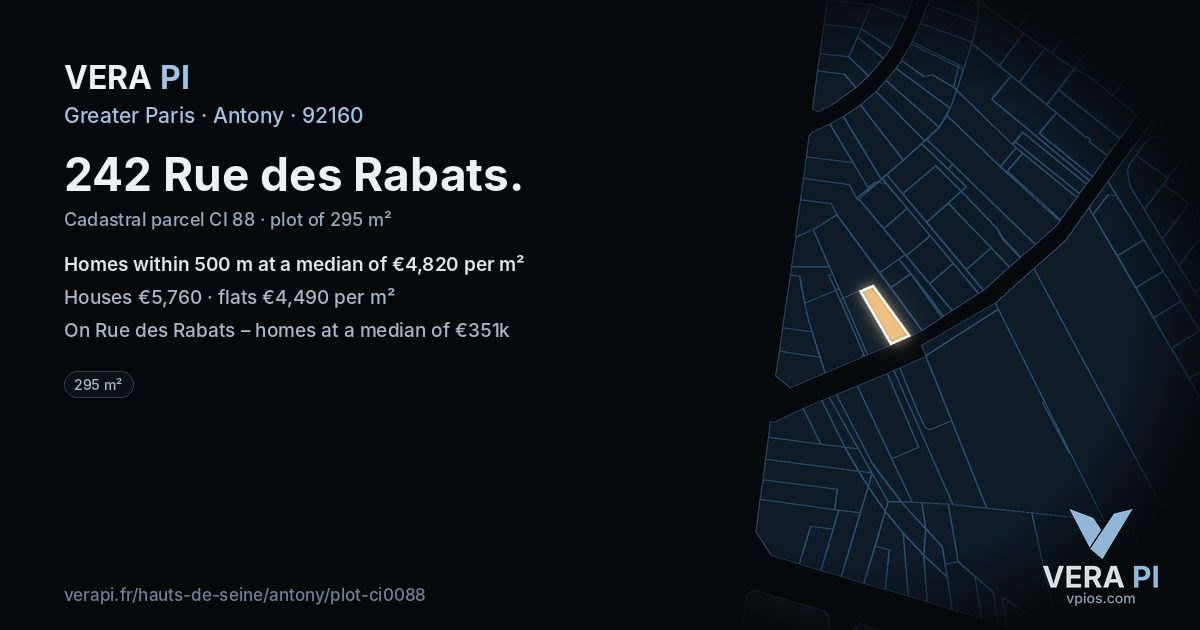 242 Rue des Rabats, Antony at night – the plot lit, the parcels around coloured by the prices near them