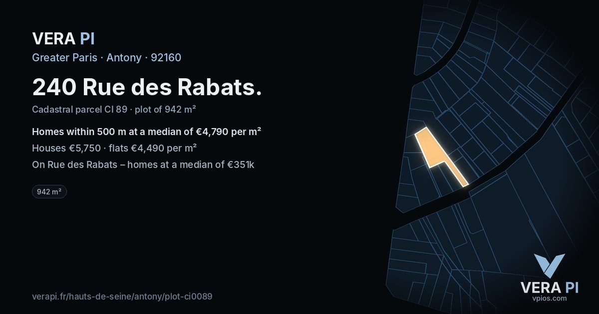 240 Rue des Rabats, Antony at night – the plot lit, the parcels around coloured by the prices near them