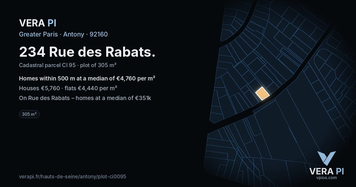 234 Rue des Rabats, Antony at night – the plot lit, the parcels around coloured by the prices near them