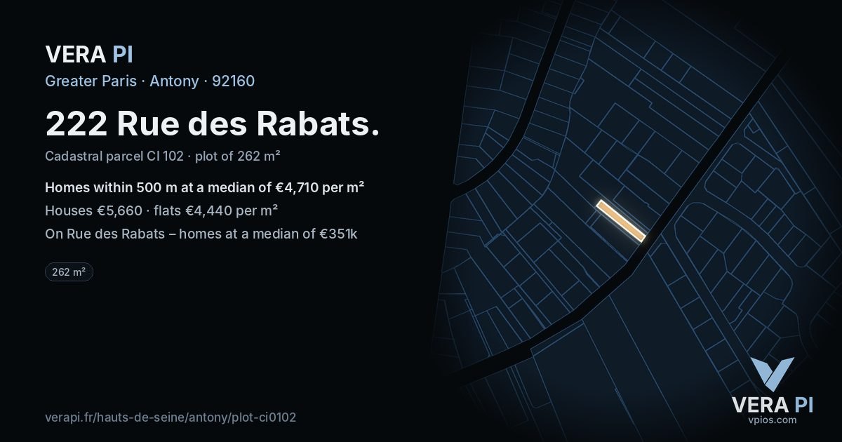 222 Rue des Rabats, Antony at night – the plot lit, the parcels around coloured by the prices near them