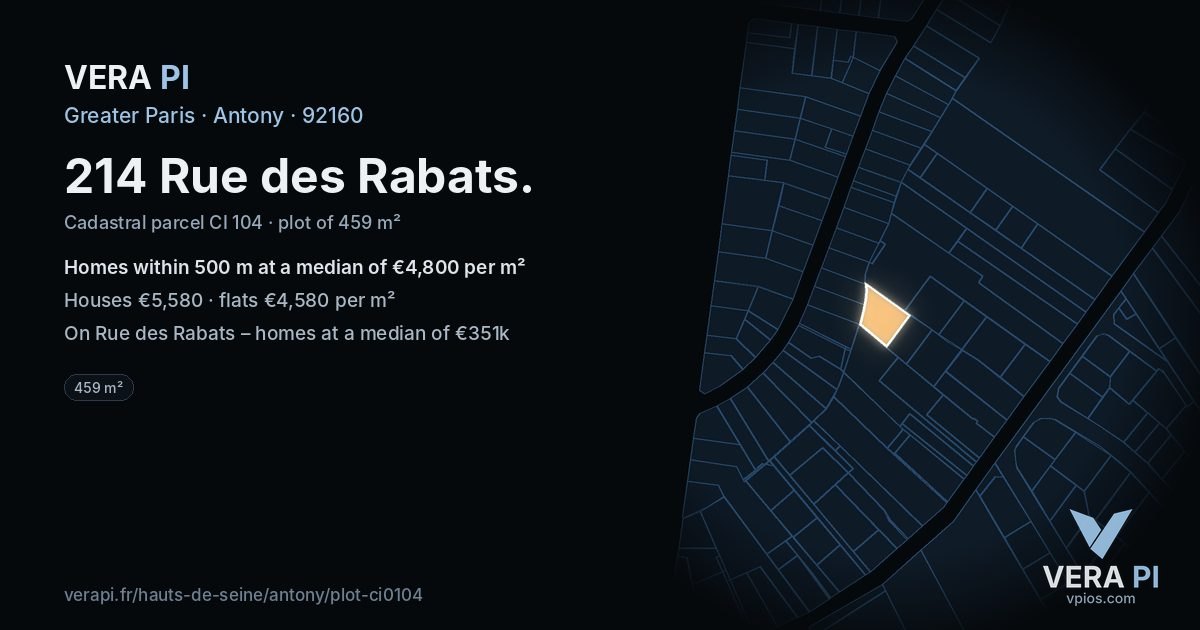 214 Rue des Rabats, Antony at night – the plot lit, the parcels around coloured by the prices near them