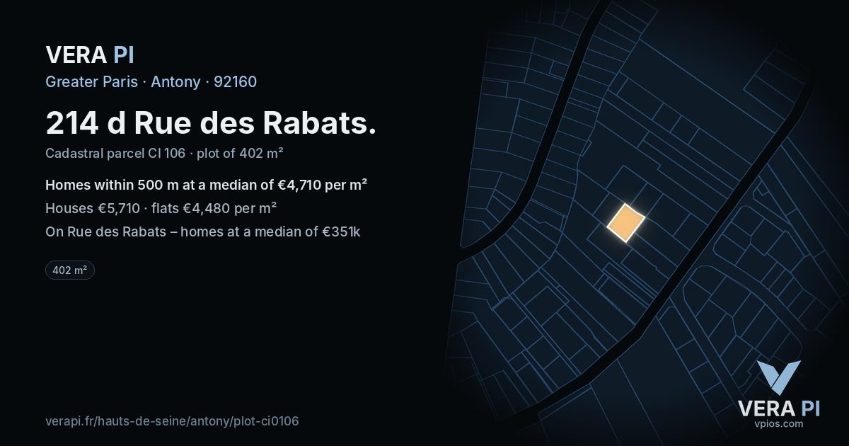 214 d Rue des Rabats, Antony at night – the plot lit, the parcels around coloured by the prices near them