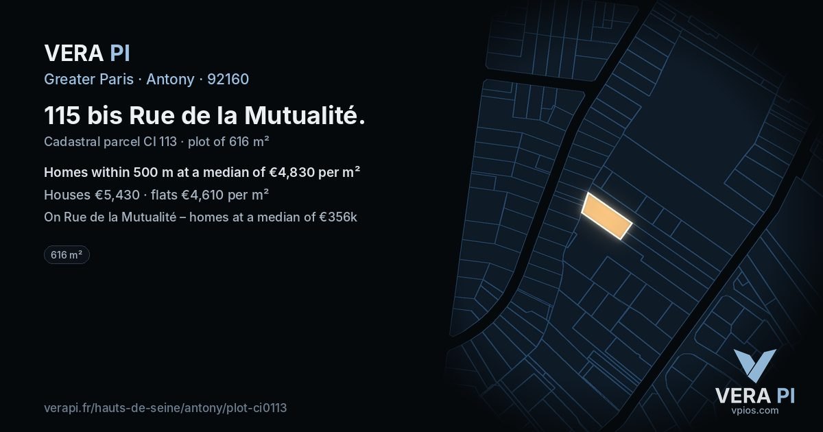 115 bis Rue de la Mutualité, Antony at night – the plot lit, the parcels around coloured by the prices near them