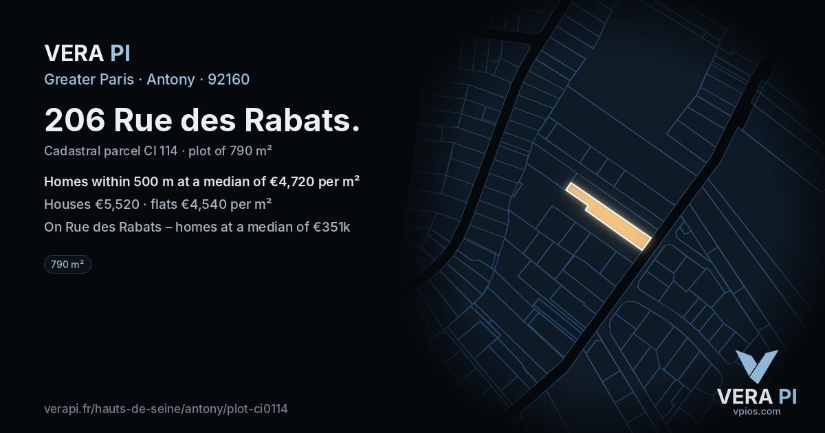 206 Rue des Rabats, Antony at night – the plot lit, the parcels around coloured by the prices near them