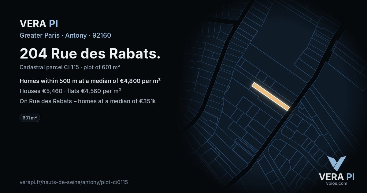 204 Rue des Rabats, Antony at night – the plot lit, the parcels around coloured by the prices near them