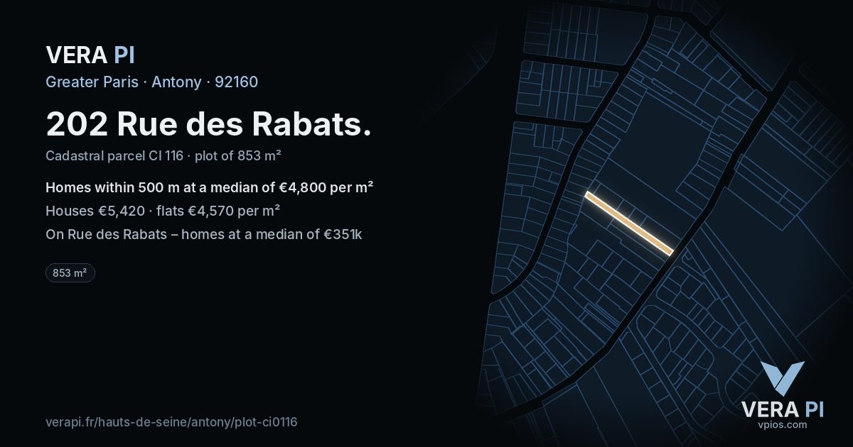 202 Rue des Rabats, Antony at night – the plot lit, the parcels around coloured by the prices near them