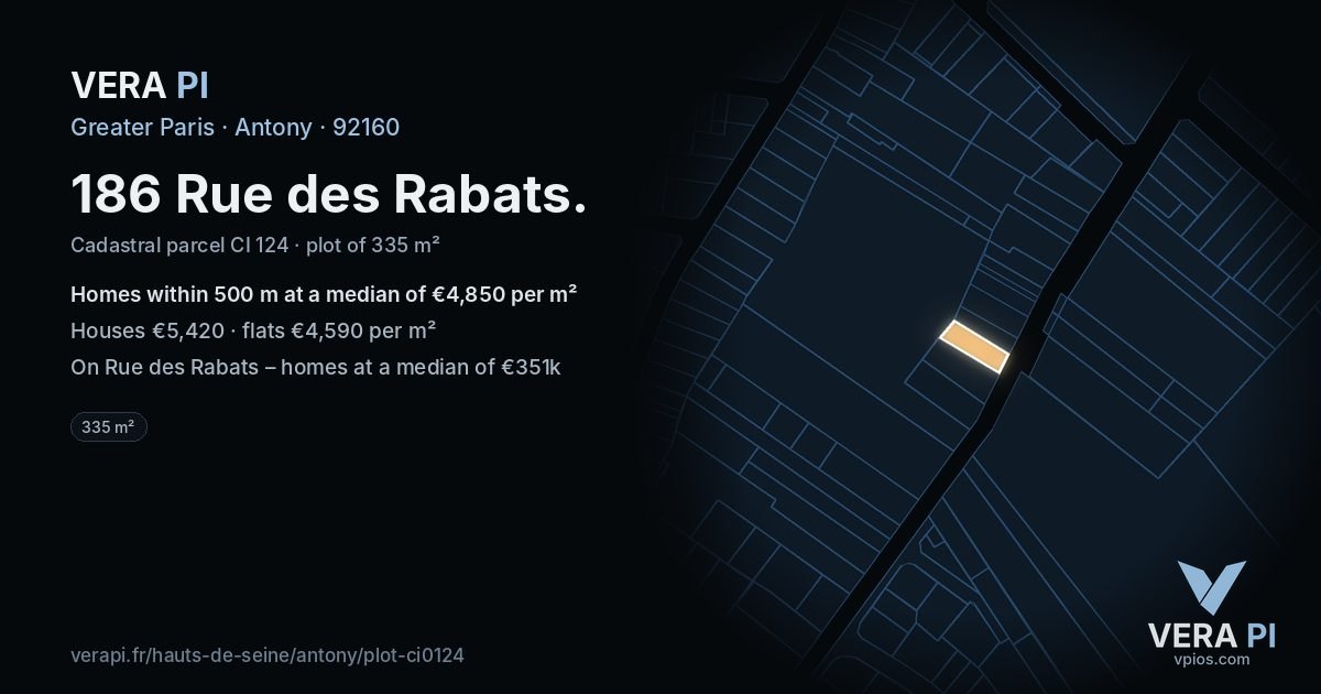 186 Rue des Rabats, Antony at night – the plot lit, the parcels around coloured by the prices near them