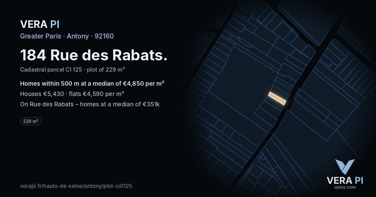 184 Rue des Rabats, Antony at night – the plot lit, the parcels around coloured by the prices near them