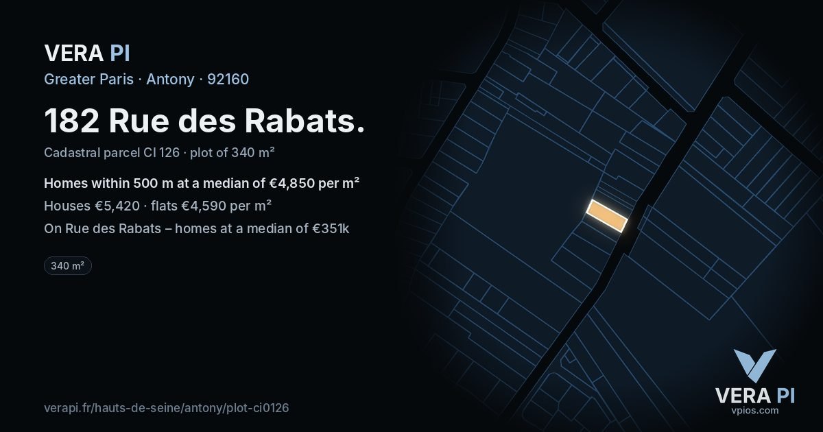 182 Rue des Rabats, Antony at night – the plot lit, the parcels around coloured by the prices near them