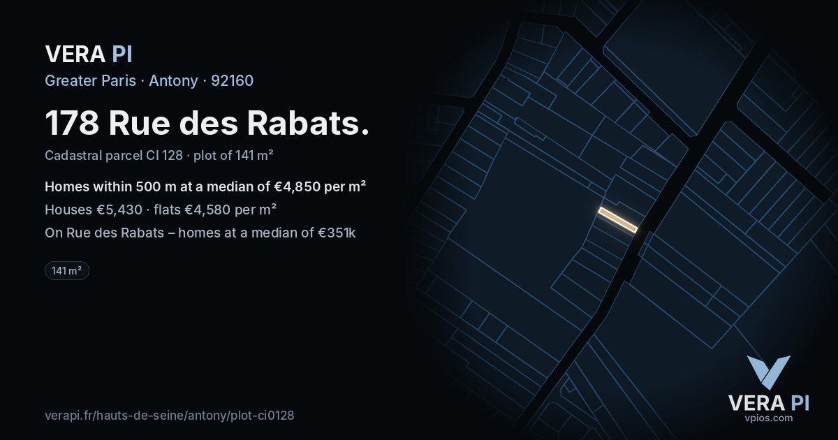 178 Rue des Rabats, Antony at night – the plot lit, the parcels around coloured by the prices near them