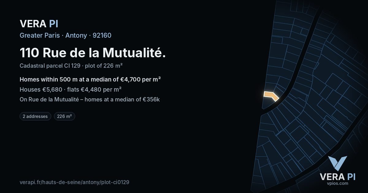 110 Rue de la Mutualité, Antony at night – the plot lit, the parcels around coloured by the prices near them