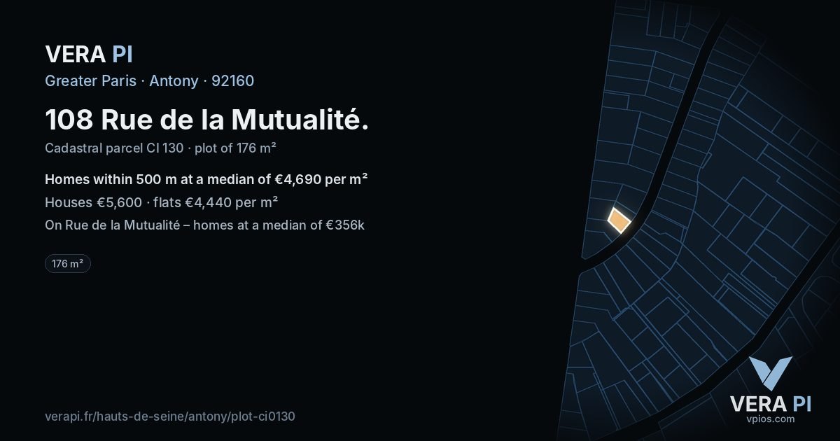 108 Rue de la Mutualité, Antony at night – the plot lit, the parcels around coloured by the prices near them