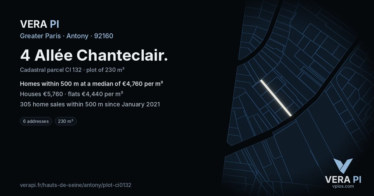4 Allée Chanteclair, Antony at night – the plot lit, the parcels around coloured by the prices near them