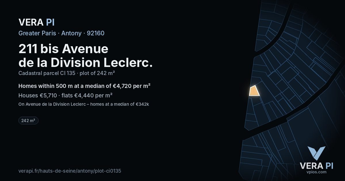 211 bis Avenue de la Division Leclerc, Antony at night – the plot lit, the parcels around coloured by the prices near them