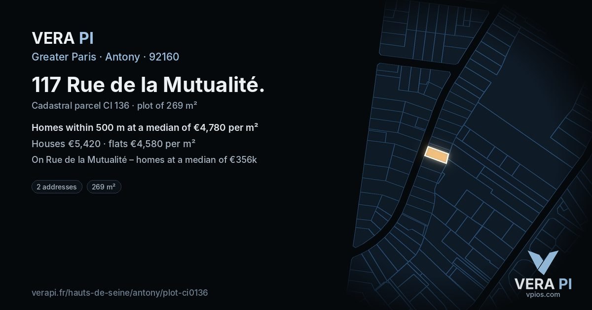 117 Rue de la Mutualité, Antony at night – the plot lit, the parcels around coloured by the prices near them