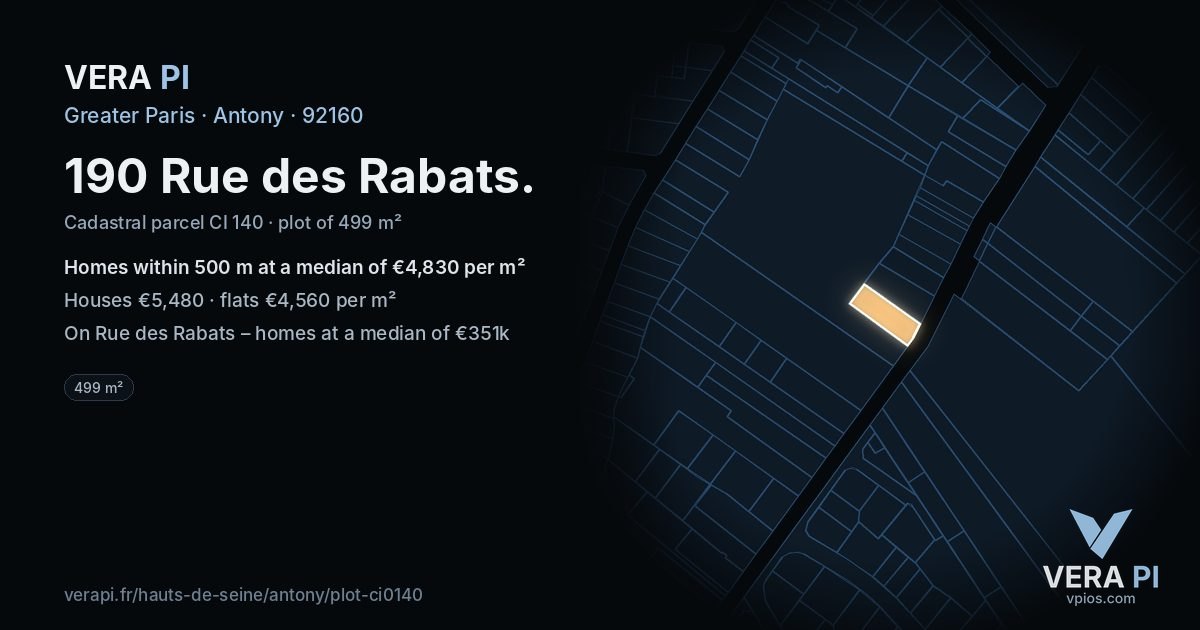 190 Rue des Rabats, Antony at night – the plot lit, the parcels around coloured by the prices near them