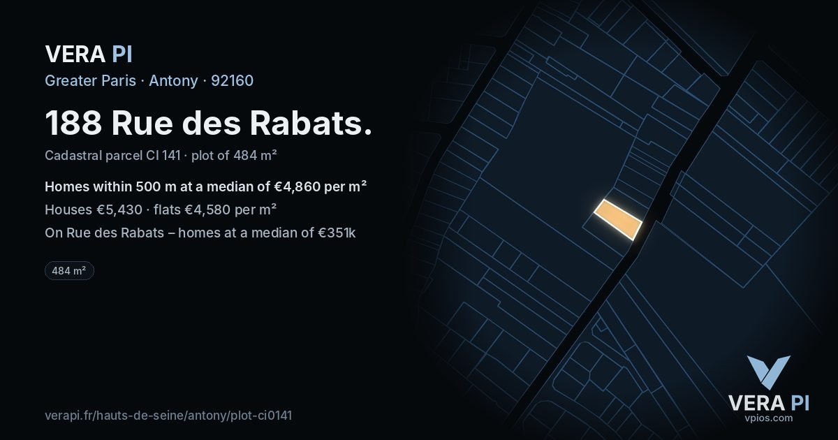 188 Rue des Rabats, Antony at night – the plot lit, the parcels around coloured by the prices near them