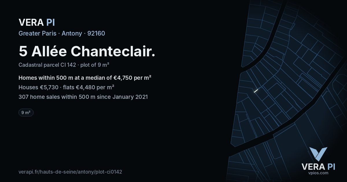5 Allée Chanteclair, Antony at night – the plot lit, the parcels around coloured by the prices near them